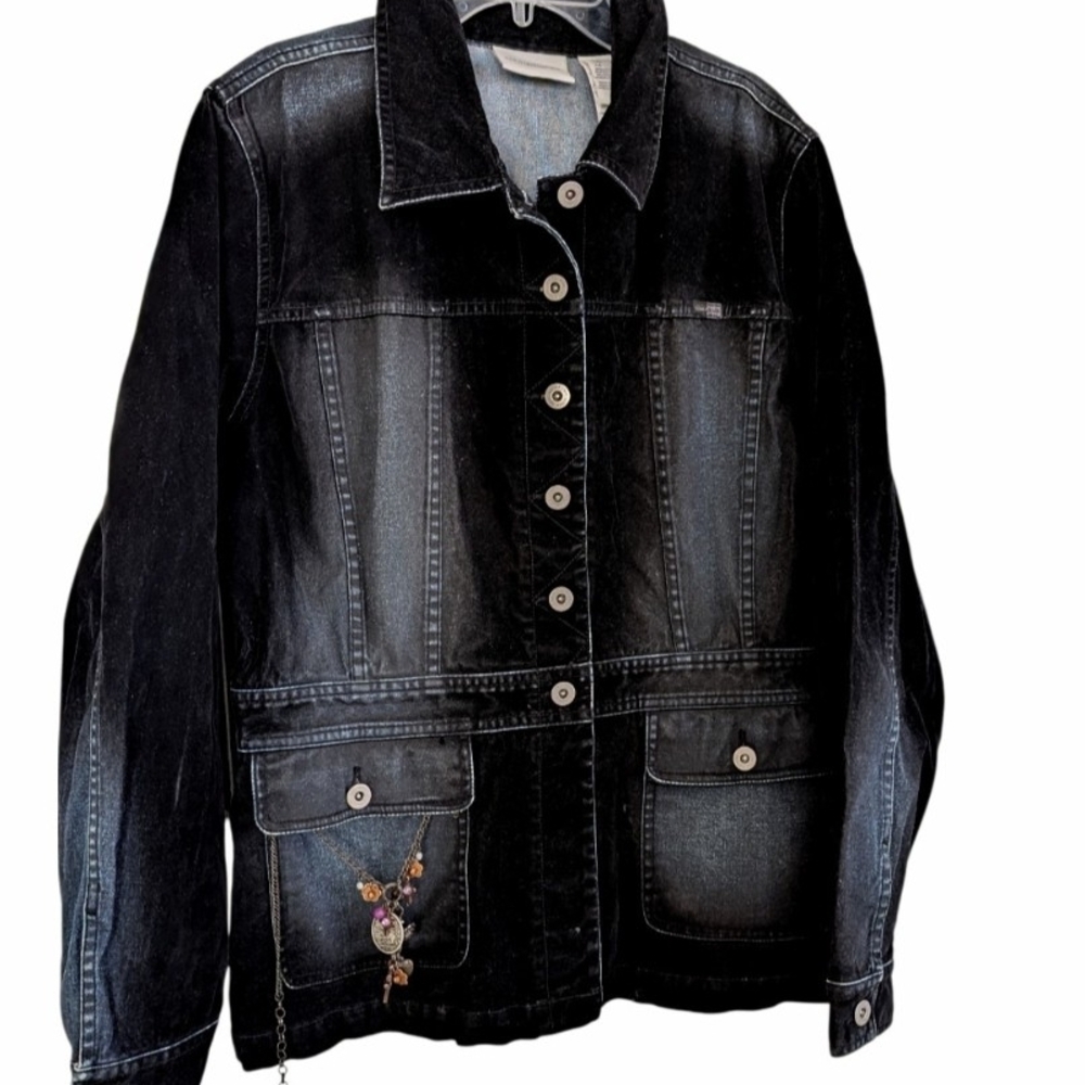 Liz Claiborne Black Jean Jacket with Red and Silver Embellishments, Large - Picture 4 of 7